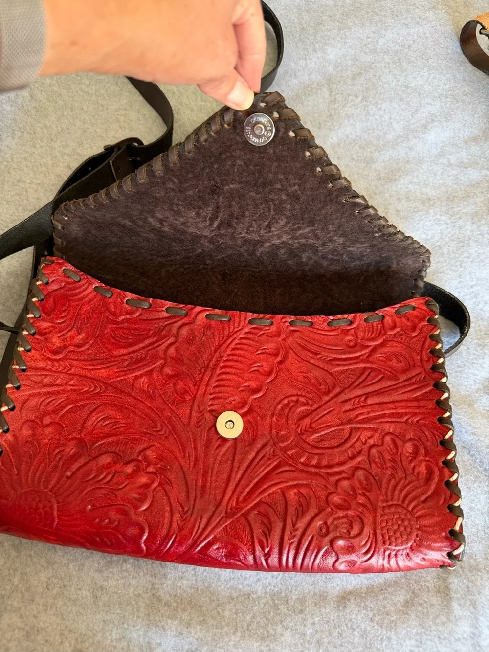 Red Tooled Leather Crossbody Bag with Braided Trim - Picture 2 of 6